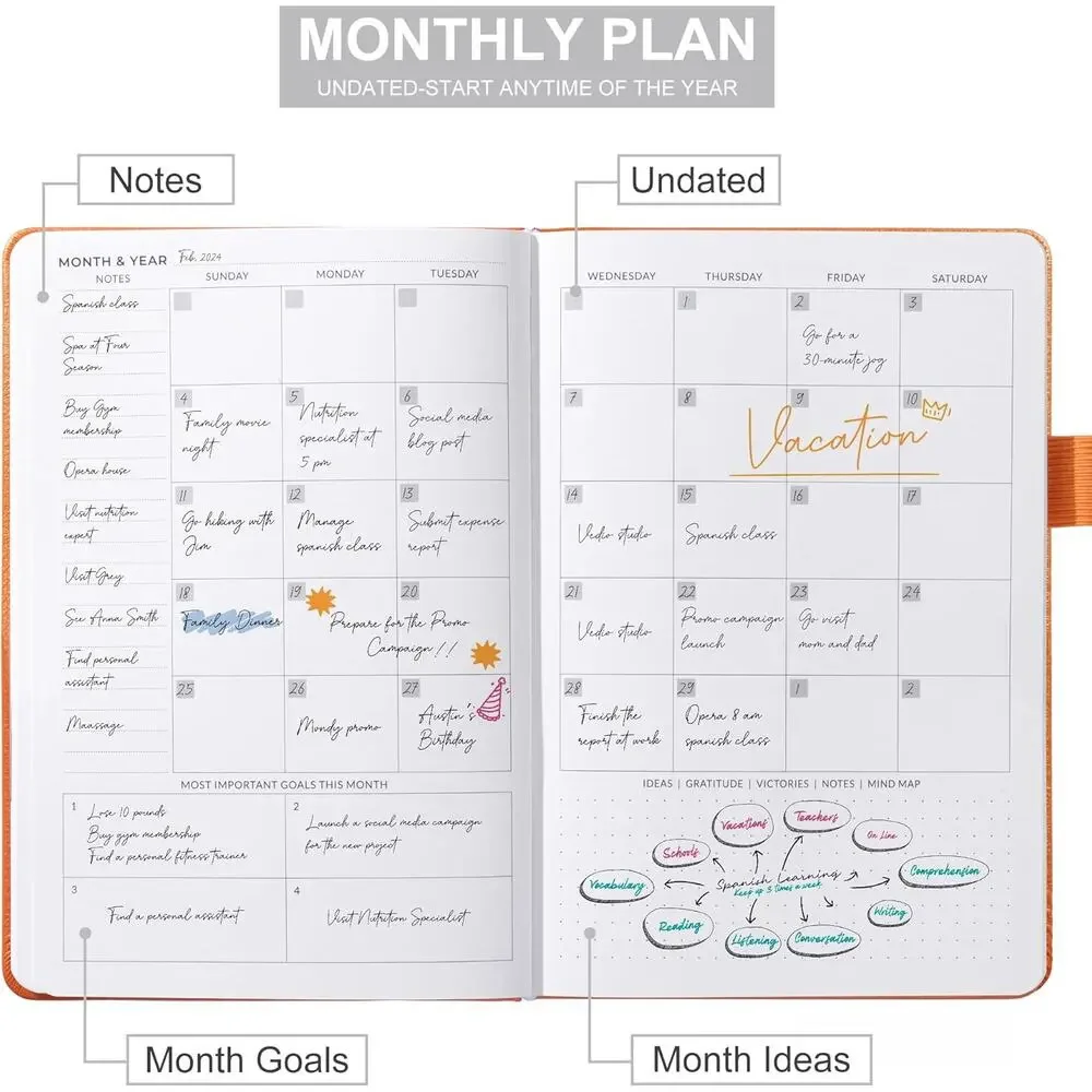 Undated Hardcover Daily Weekly Planner Time Management and Productivity Goals